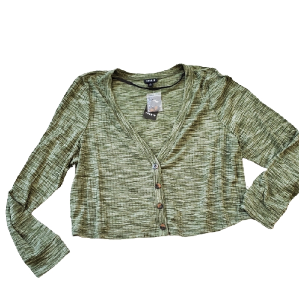 Torrid plus v neck button down ribbed crop knit sweater, 2XL, green - Picture 4 of 11